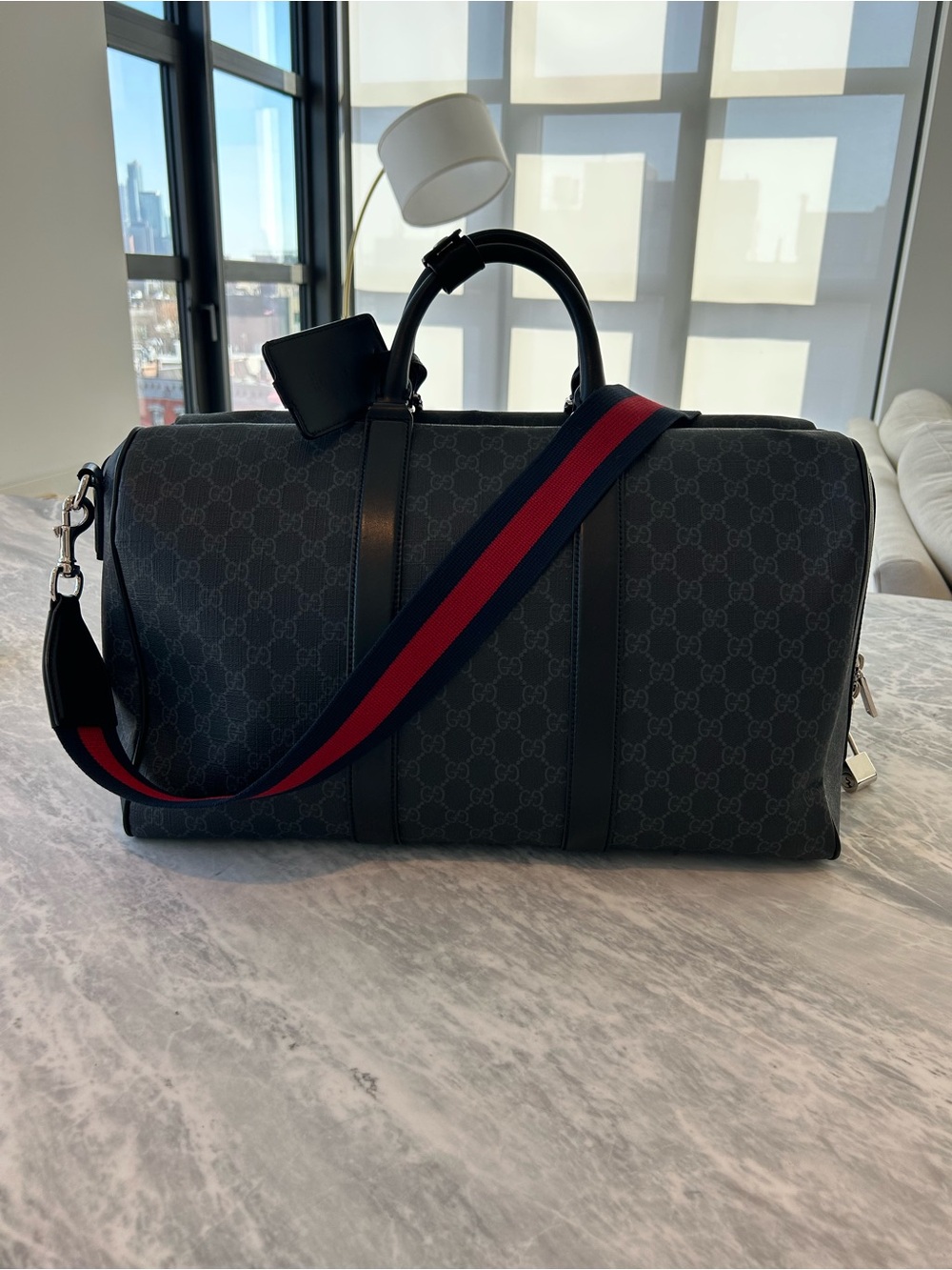 Gucci Black GG Supreme Duffel with Red and Navy Web Strap